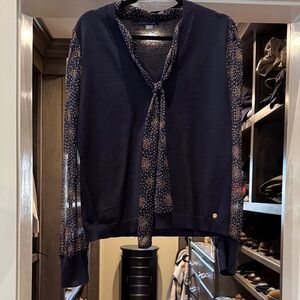 Tommy Hilfiger Navy V-Neck Tie-Detail Mixed-Media Top